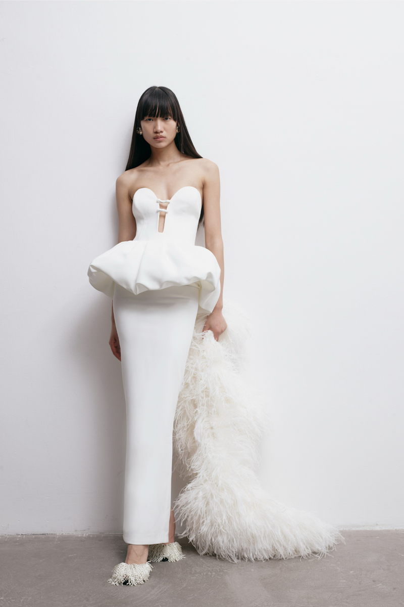THE NEW ARRIVALS -LIA PEPLUM DRESS IN TEMPLE WHITE The Loft Bridal THE NEW ARRIVALS -LIA PEPLUM DRESS IN TEMPLE WHITE The Loft Bridal